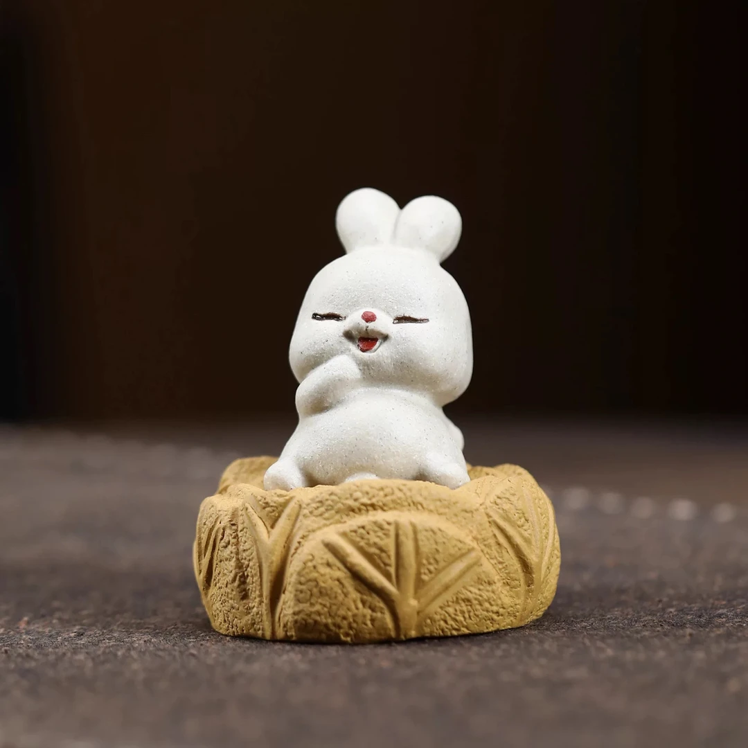 宜兴紫砂兔子白菜茶宠坐地生财小白兔茶玩茶盘摆件小雕塑茶具配件