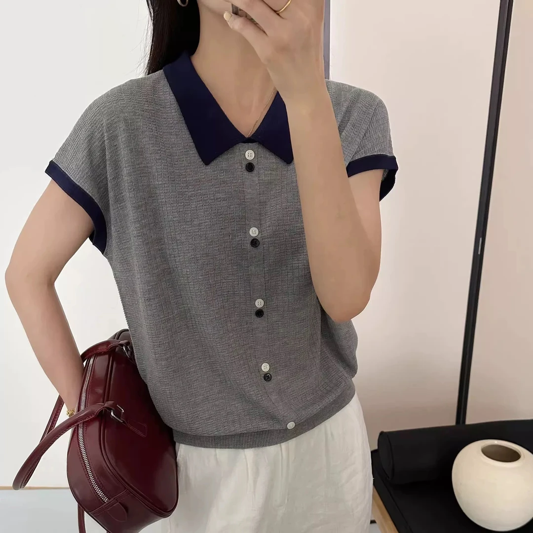 2025夏季新款撞色polo领针织衫短袖洋气时尚百搭宽松休闲上衣潮