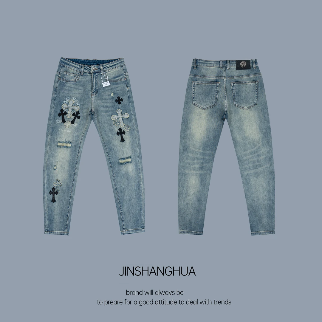 【春季新款】2025年新款个性十字架小破洞休闲牛仔裤百搭91810-2