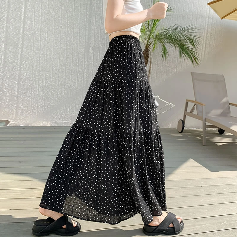 雪纺半身长裙女夏季2025新款遮跨高腰大摆伞裙褶皱碎花a字半身裙