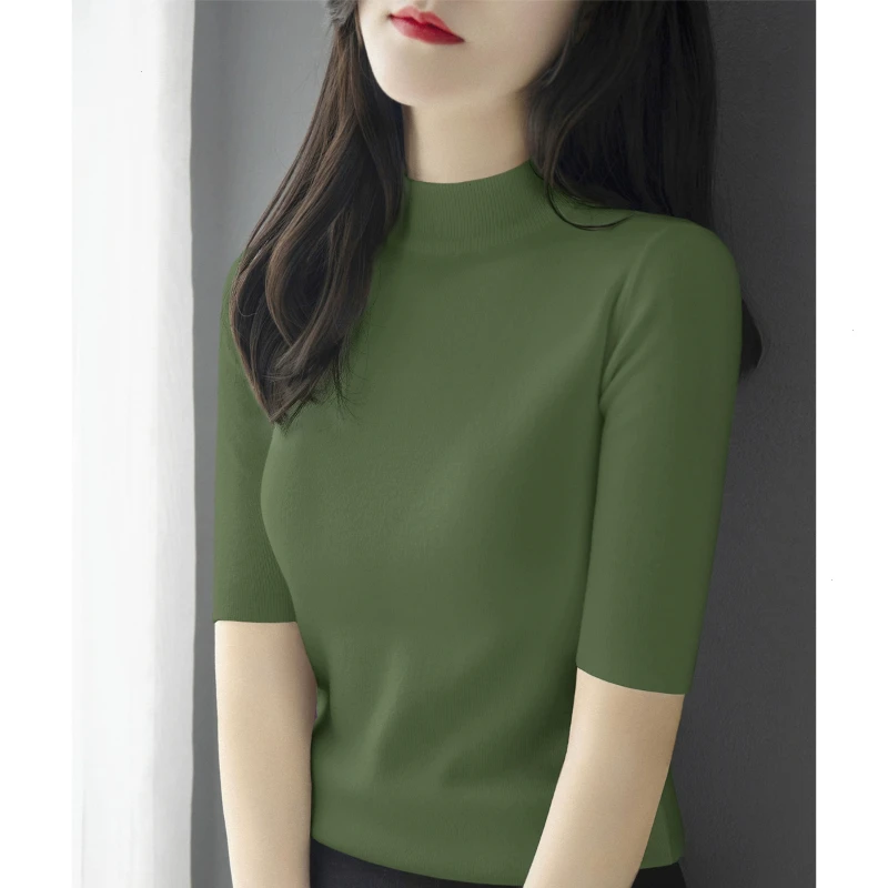 秋季新款时尚修身显瘦气质套头上衣半高领五分袖针织打底衫女装