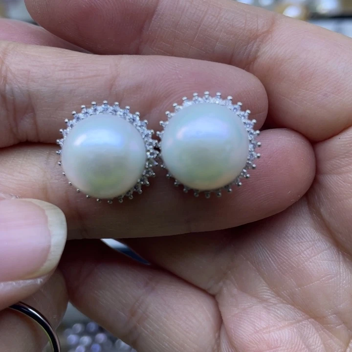 耳饰银S925镶嵌淡水珍珠