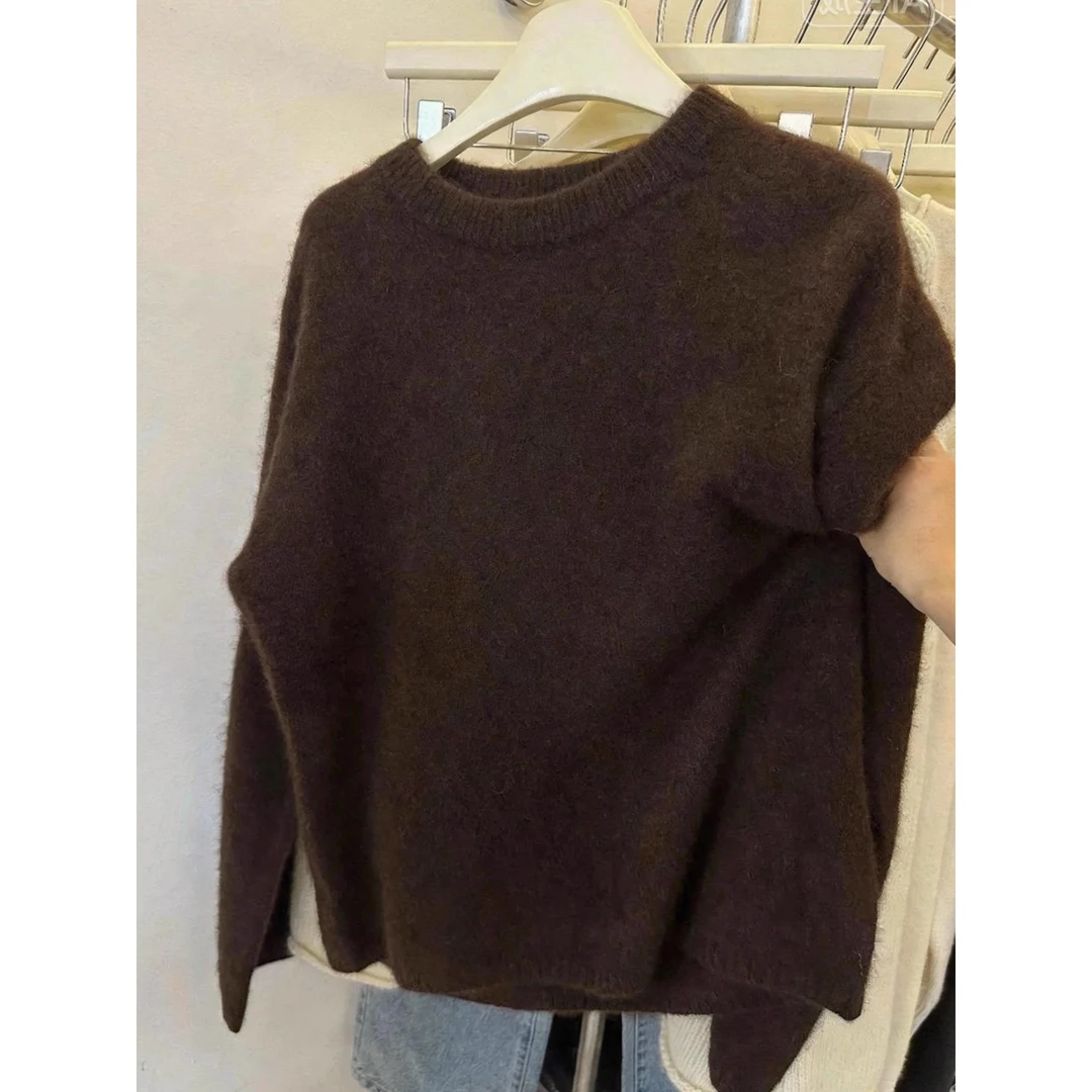 CHAO推荐！软糯深棕色圆领毛衣女秋冬慵懒宽松套头针织衫内搭上衣