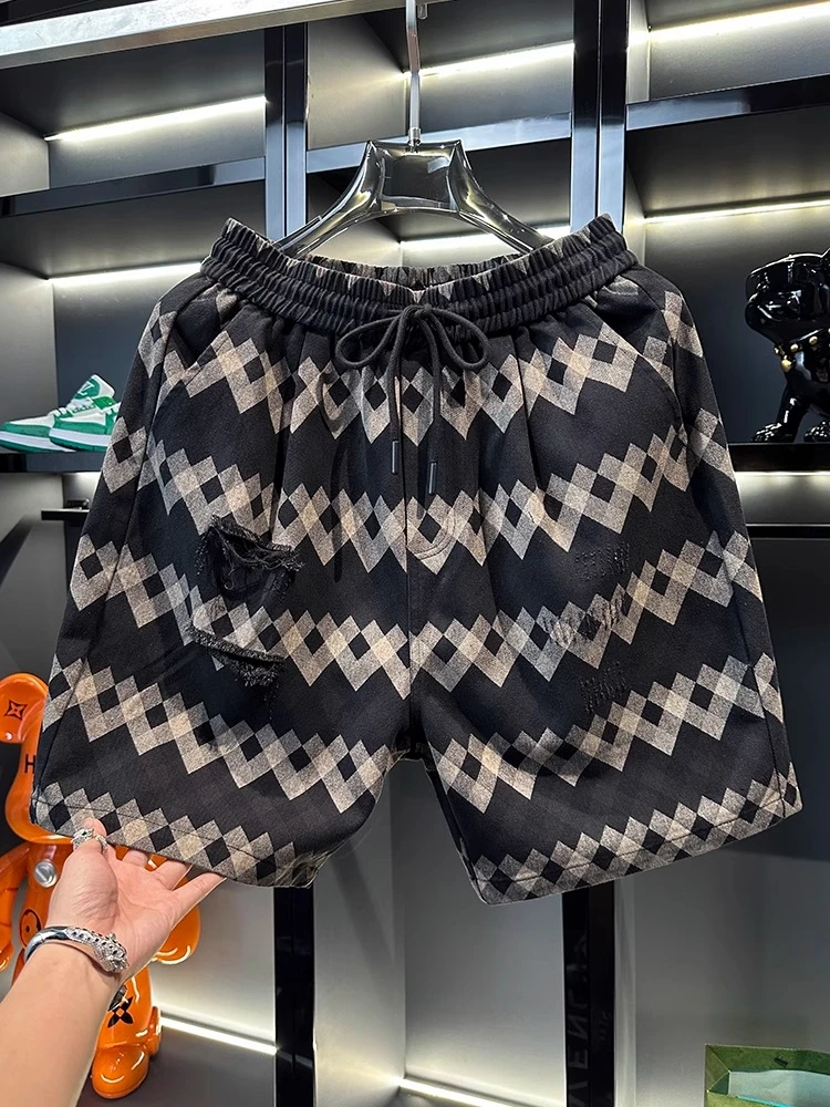 小众民族风条纹格子印花宽松小脚锥形裤松紧腰男街头破洞牛仔短裤