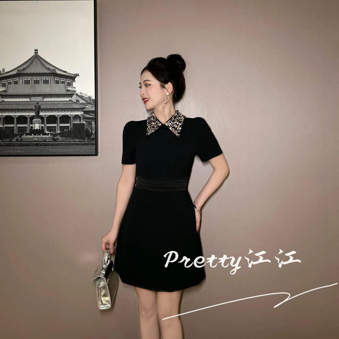 Pretty小众设计师品牌江江定制  赫本风复古轻奢收腰连衣裙65333