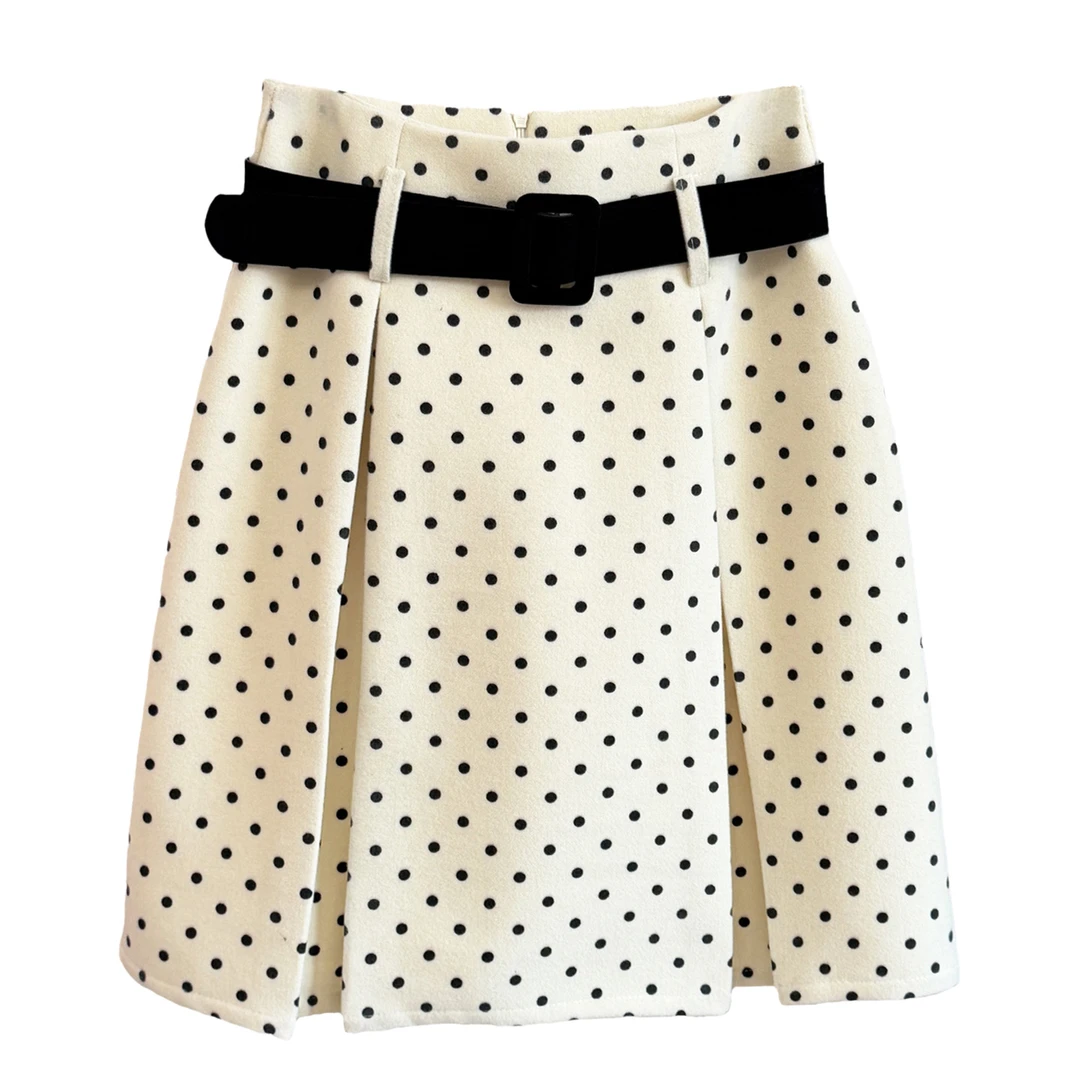 复古波点高腰毛呢半身裙女2025秋冬新款百搭修身显瘦A字百搭中裙
