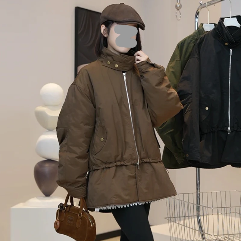 洋气衣服网红款酷飒风夹棉保暖外套冬季双头拉链收腰工装风棉服女