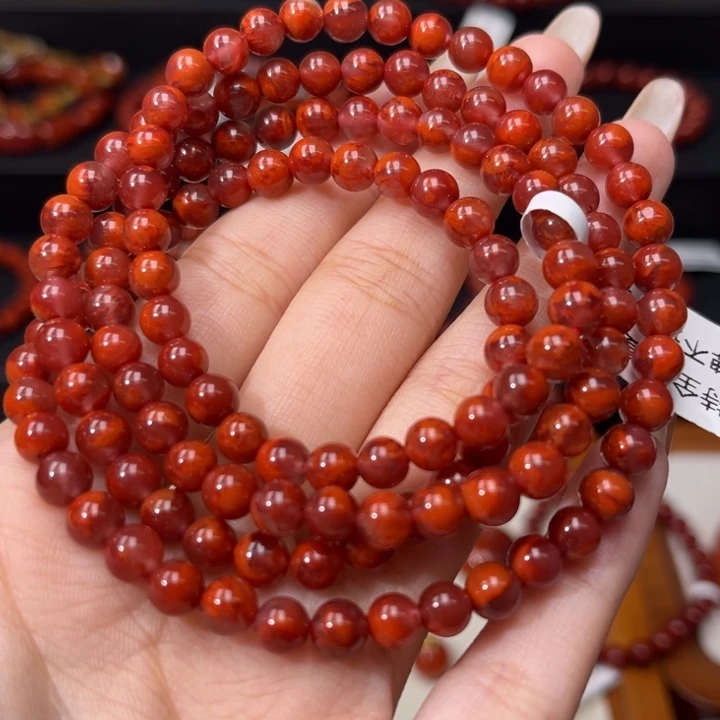 南红玛瑙未镶嵌手链紫底玫红火焰6.5+mm圆珠多圈