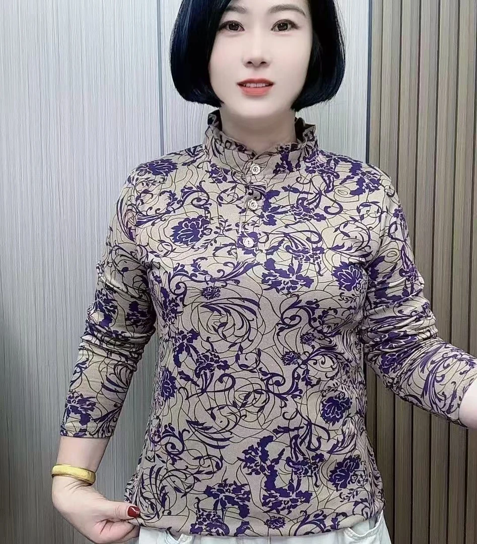 花边半高领2025秋冬季新款时尚小衫宽松舒适气质妈妈上衣打底衫