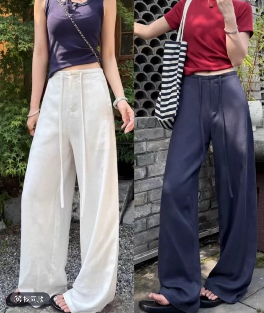 白色天丝亚麻阔腿裤女夏薄款透气休闲裤老钱垂感直筒裤显瘦宽松T