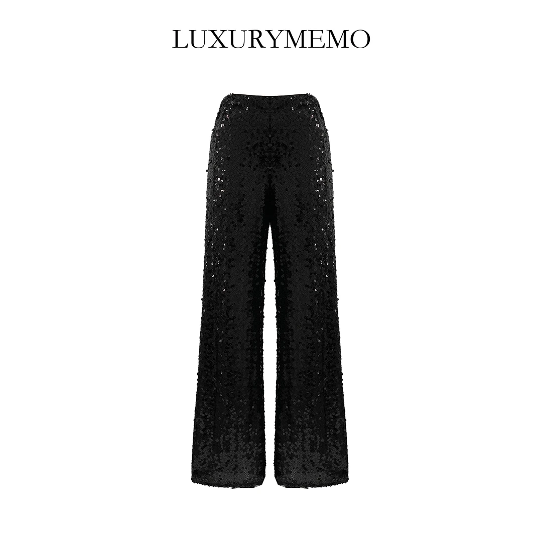 LUXURYMEMO【刘熊熊】时尚亮片高腰重工直筒亮片阔腿裤