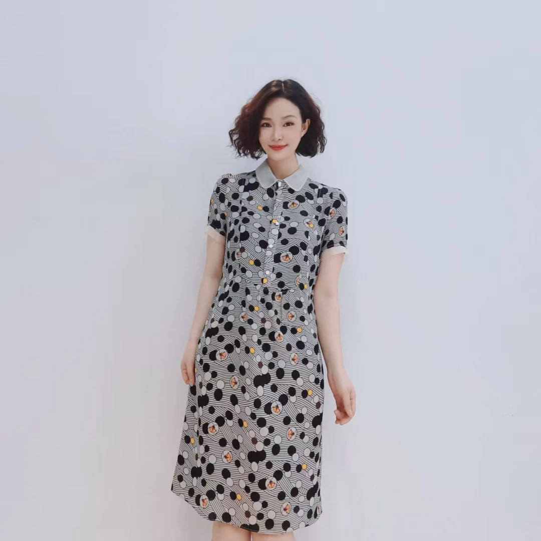 B245 时尚减龄娃娃领波点印花宽松显瘦洋气中长款连衣裙E1