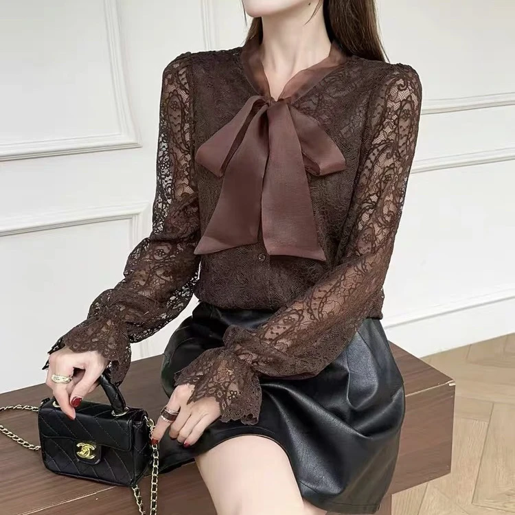 2025秋季新款蕾丝衫蝴蝶结系带长袖小衫女洋气欧货潮3033
