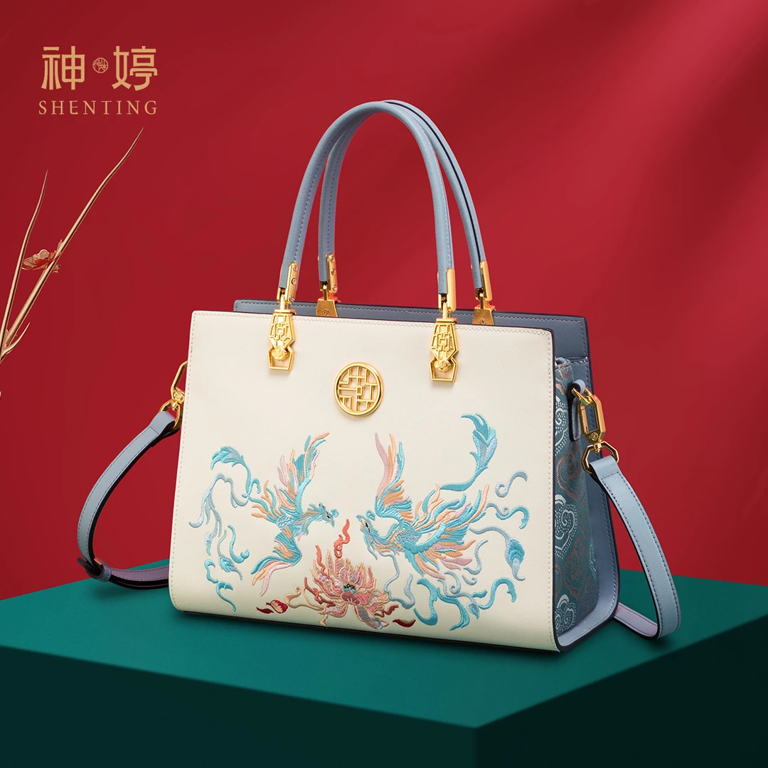 节日礼物刺绣双凤凰绣花手提包包真皮正品质感气质女士新款单肩包