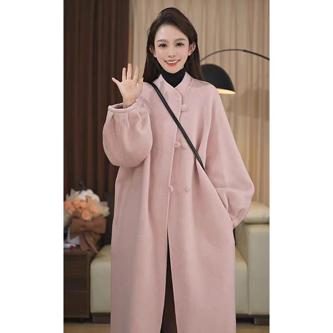 拉夏贝尔女2025秋冬季简约宽松温柔风新中式立领时尚百搭长款大衣