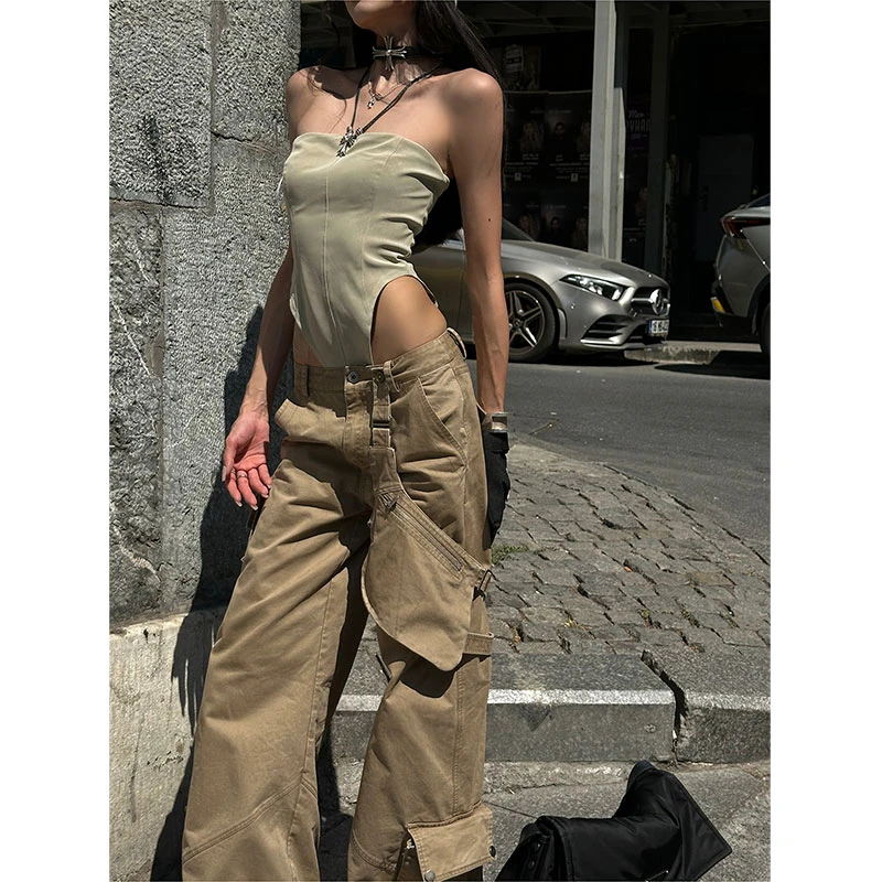 2025年夏季新款ins美式辣妹纯欲连体上衣女+卡其色洗水口袋工装裤