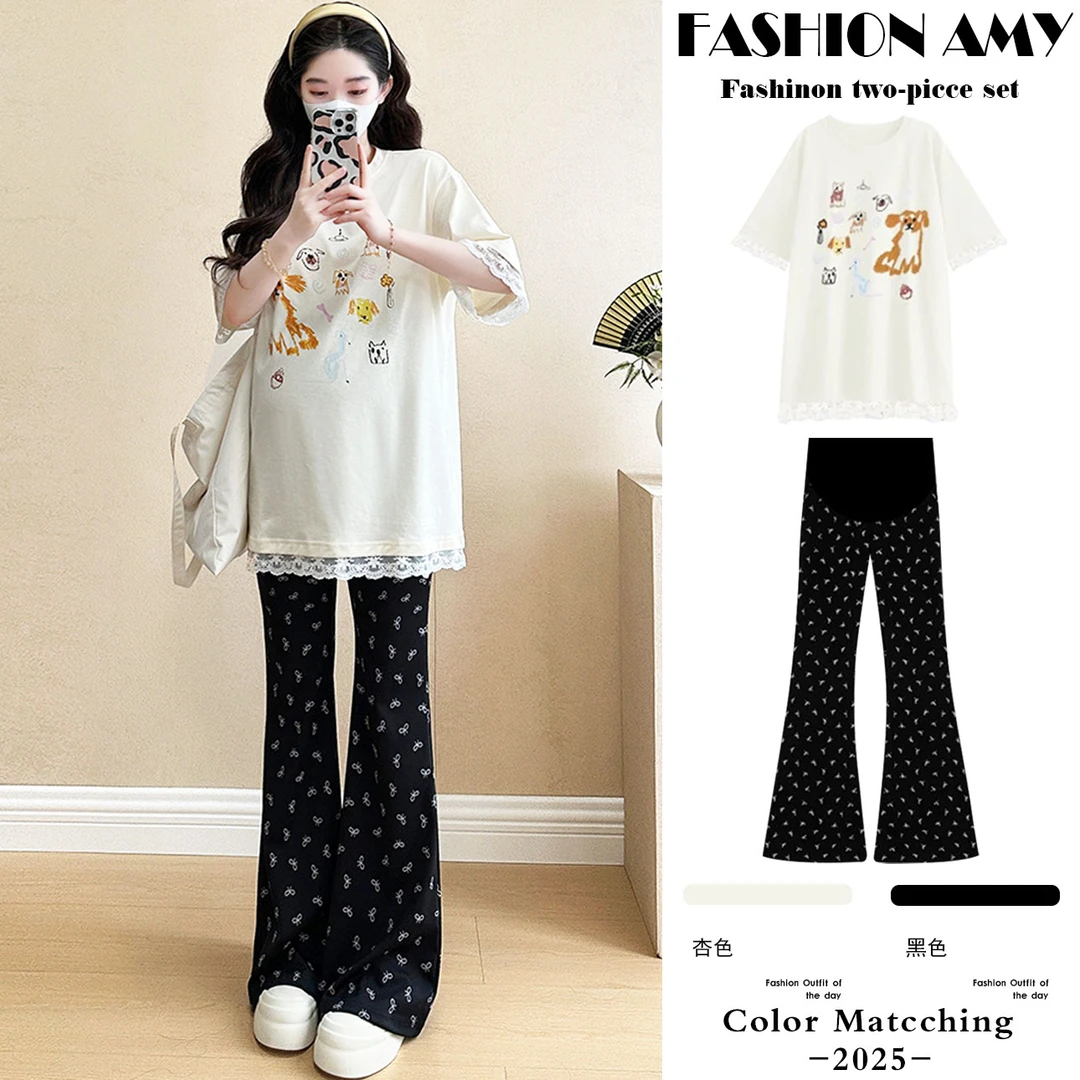 孕妇装夏装新款洋气时尚宽松小狗彩绘花边短袖T恤显瘦喇叭裤套装
