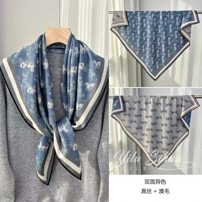 【雾霾蓝马车】轻奢复古桑蚕丝羊毛大方巾 双面异色丝毛方巾83cm