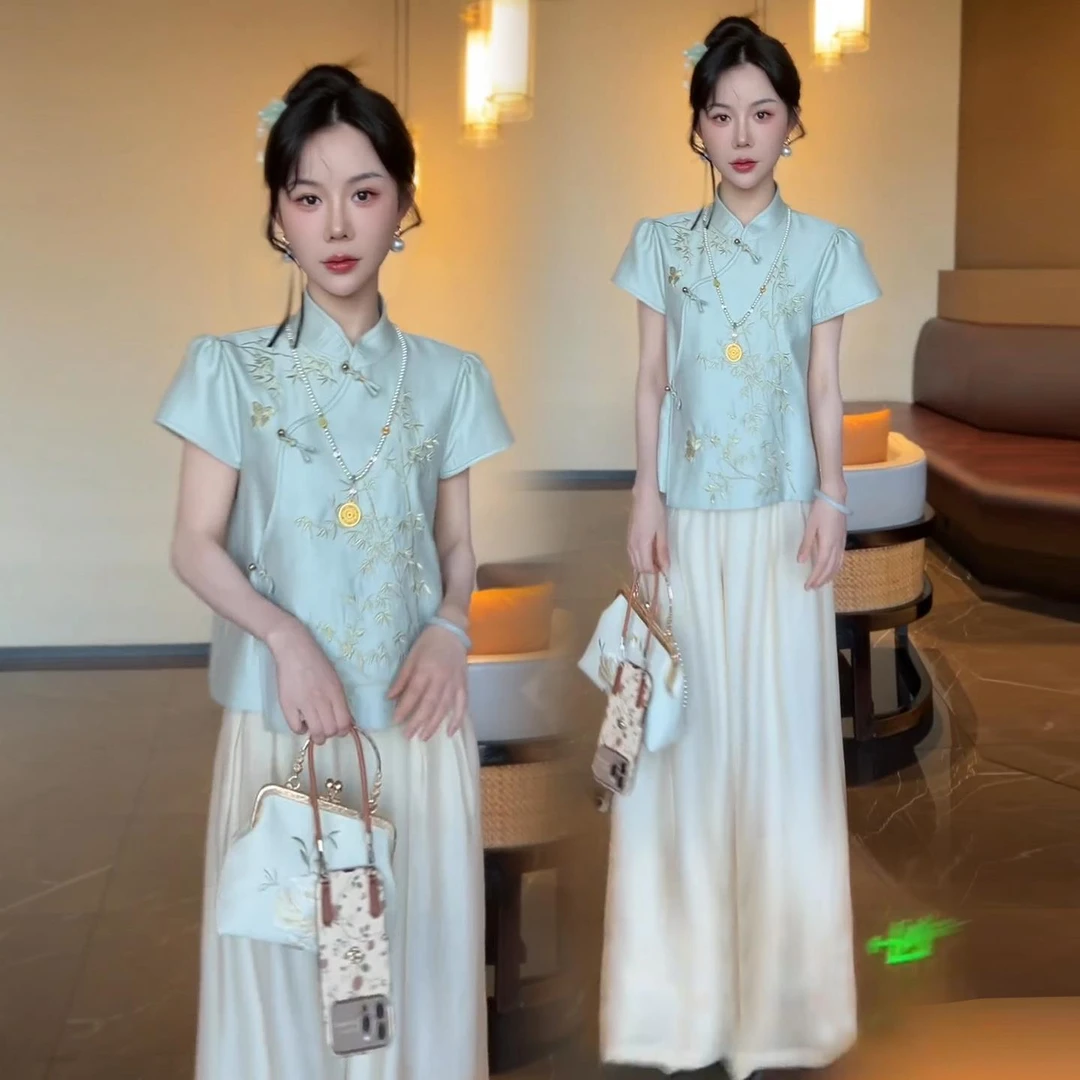 新中式套装女2025夏季新款时髦洋气刺绣盘扣上衣阔腿裤慵懒两件套