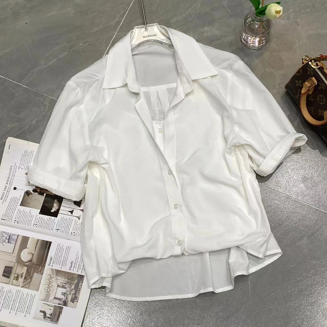 Manmi 蕾丝吊带假两件套拼接衬衫 8515（C4）