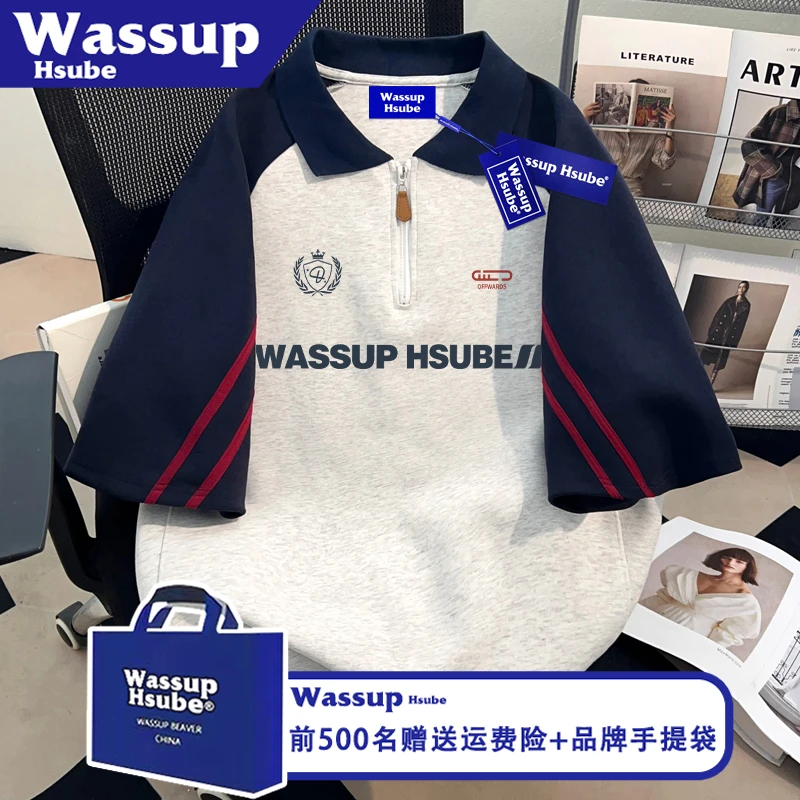 WASSUP HSUBE美式字母印花男女款T恤100%棉半袖ins夏慵懒风POLO衫