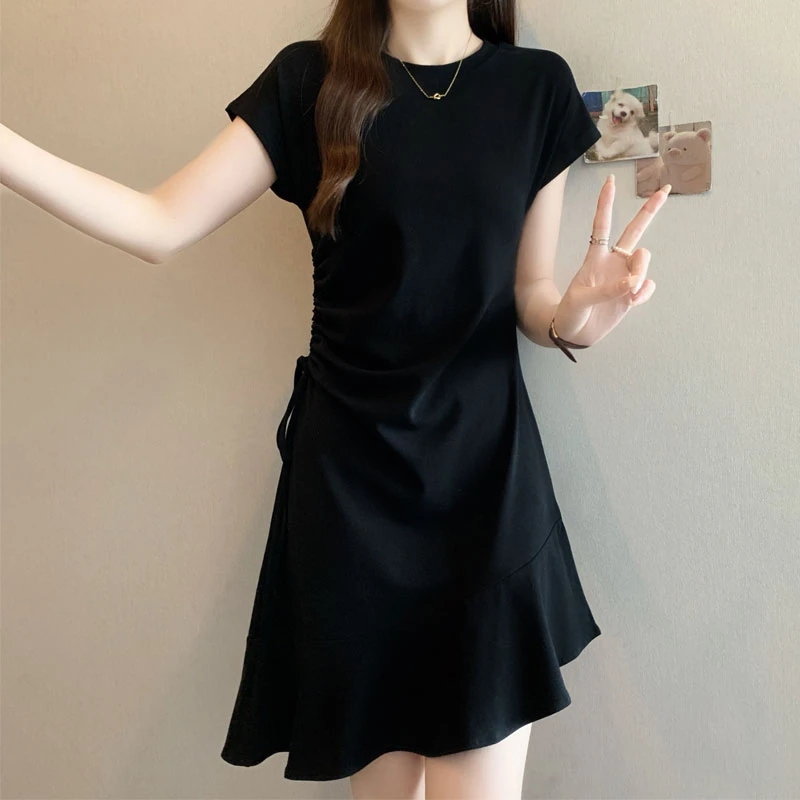 大码女装遮肚子规则荷叶边连衣裙女夏季胖妹妹修身显瘦中长款上衣