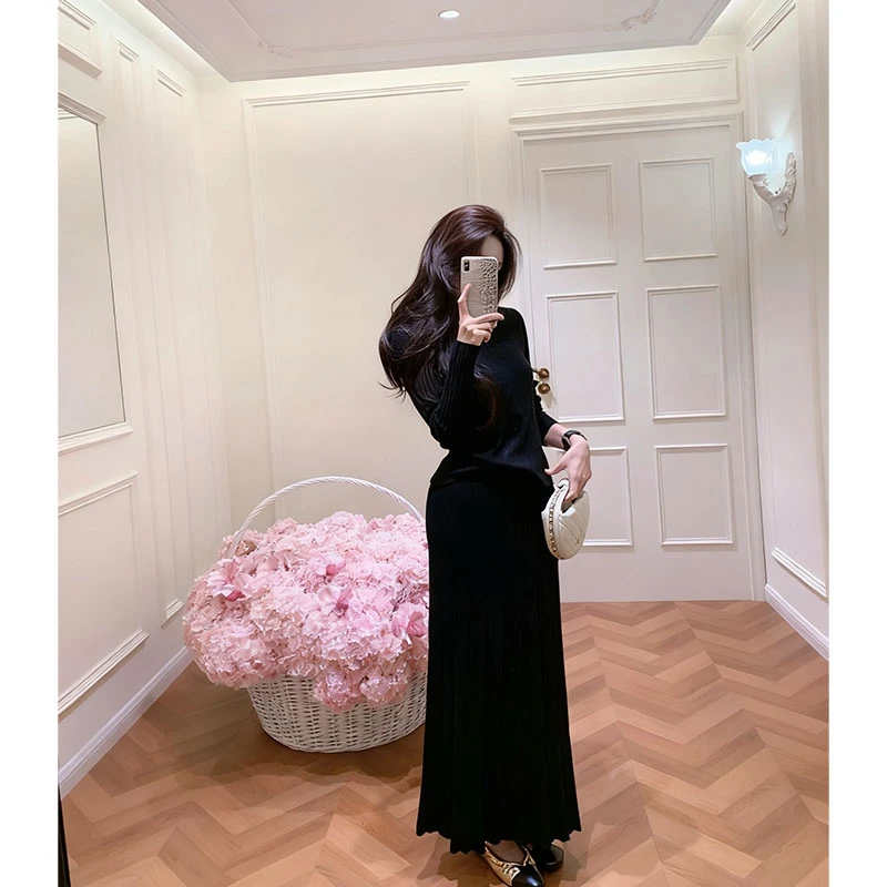 2025轻熟风时尚洋气休闲百搭高级黑色长袖上衣高腰显瘦半身裙套装