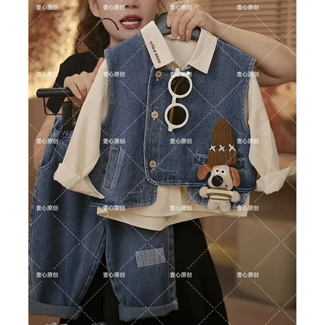 儿童秋季新款时尚休闲洋气设计款中小童牛仔马甲套装24689