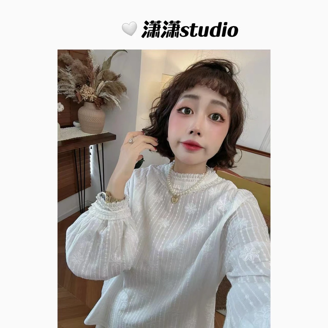 【小美满】【精致百搭王】潇潇定制刺绣花朵面料圆领泡泡袖衬衣XM1034