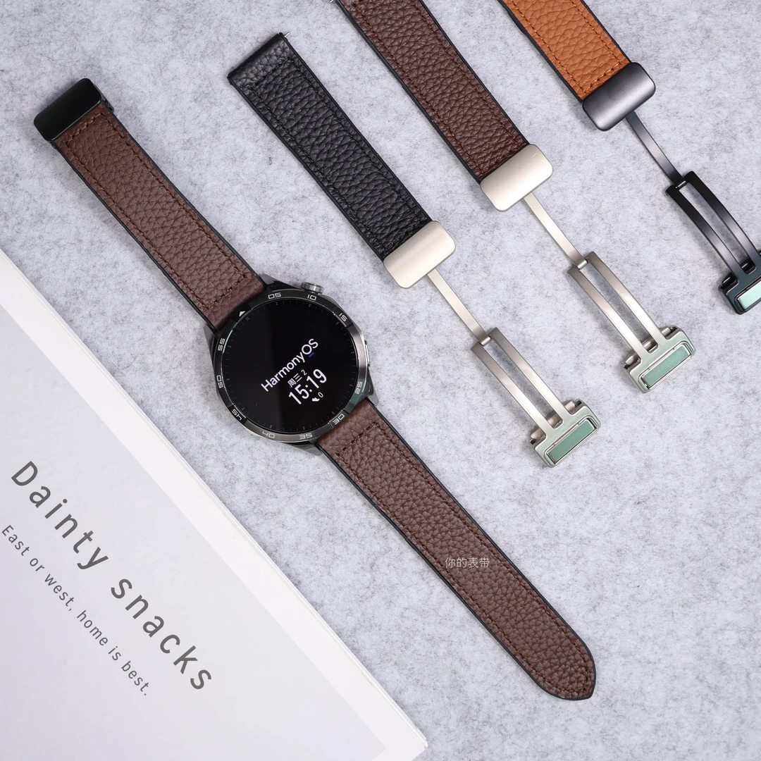 适用华为GT6/ProGT4荔枝纹真皮硅胶watch5/3磁吸折叠扣小米手表带