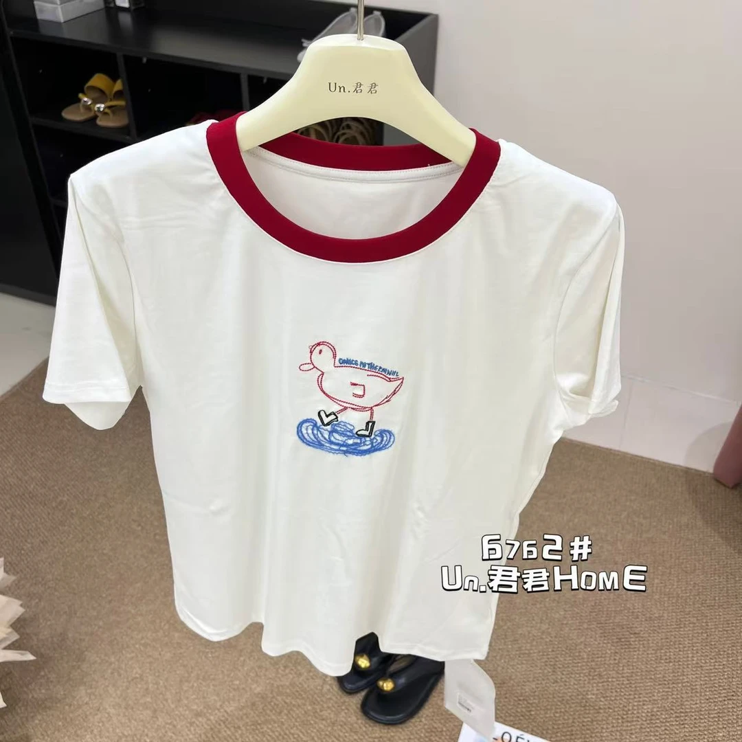 君君家【刺绣小鸡】6762夏季撞色圆领卡通刺绣百搭短袖上衣