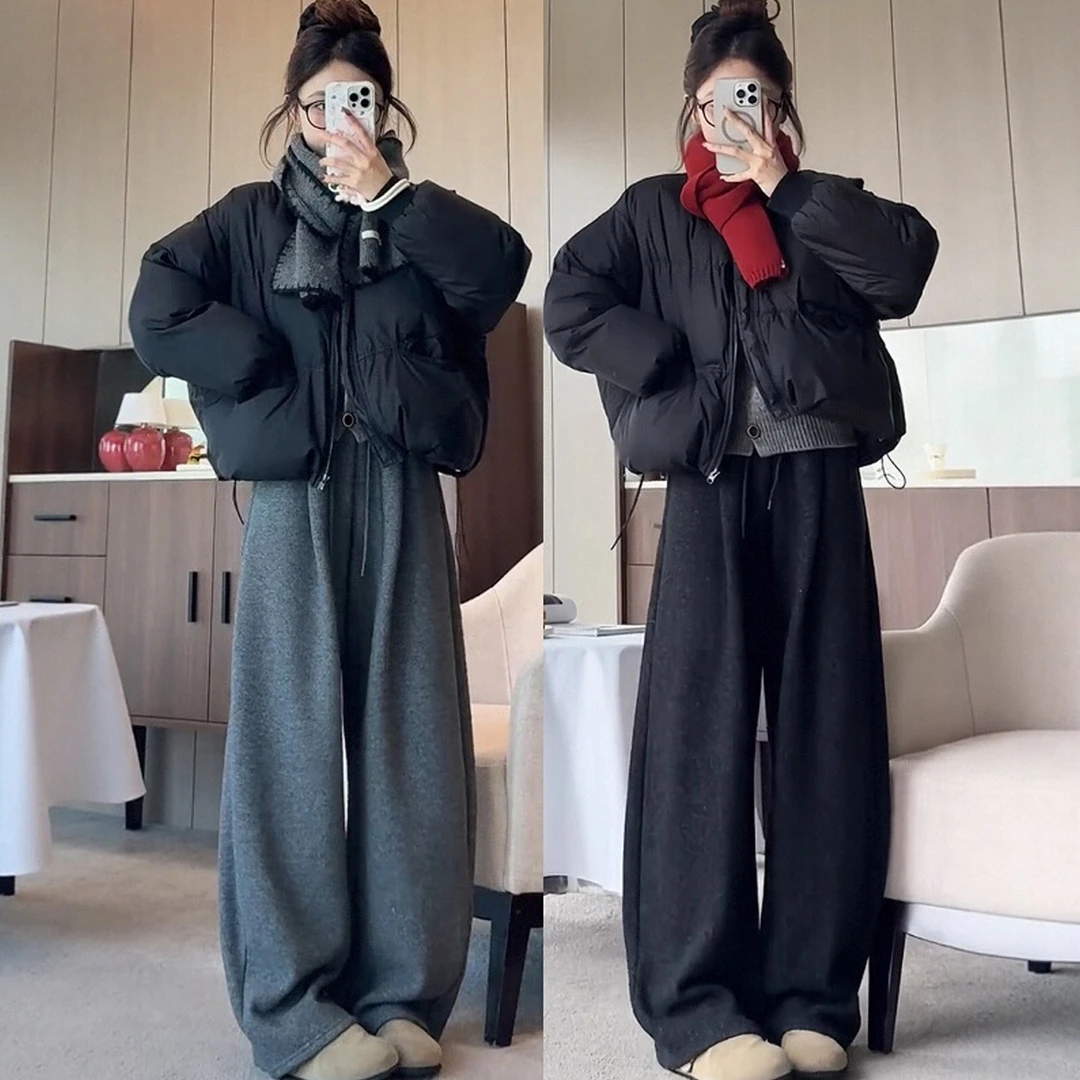 加厚毛呢弯刀裤女秋冬大码云朵裤宽松百搭休闲垂感显瘦加绒阔腿裤