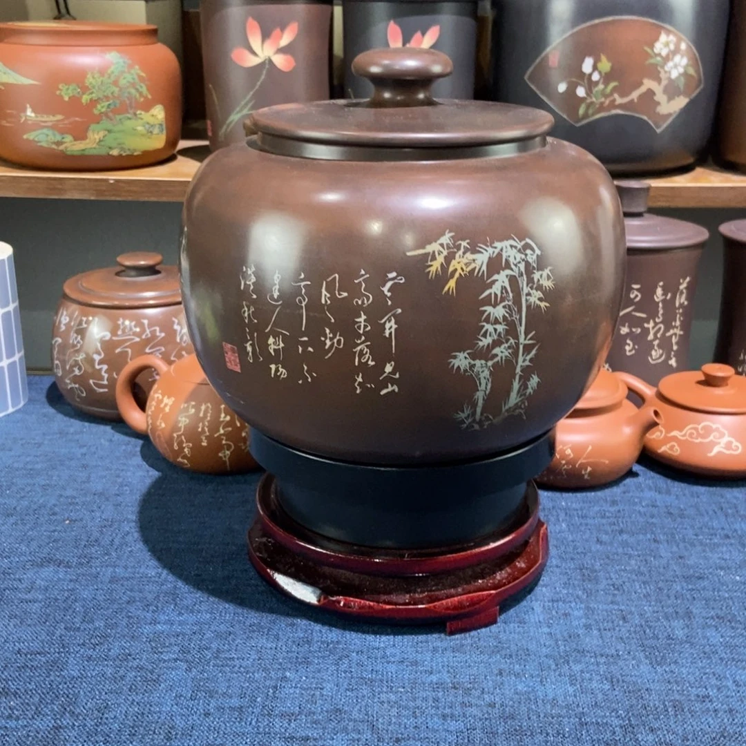 8建水紫陶手工精磨彩填醒茶罐
