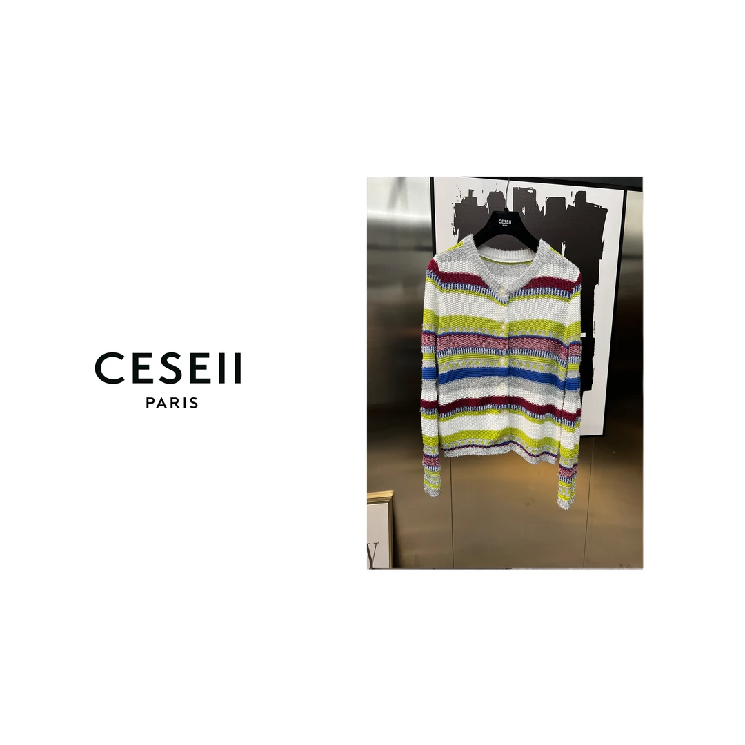 【XJ1345】CESEII时尚百搭彩条银丝镶嵌工艺针织衫外套