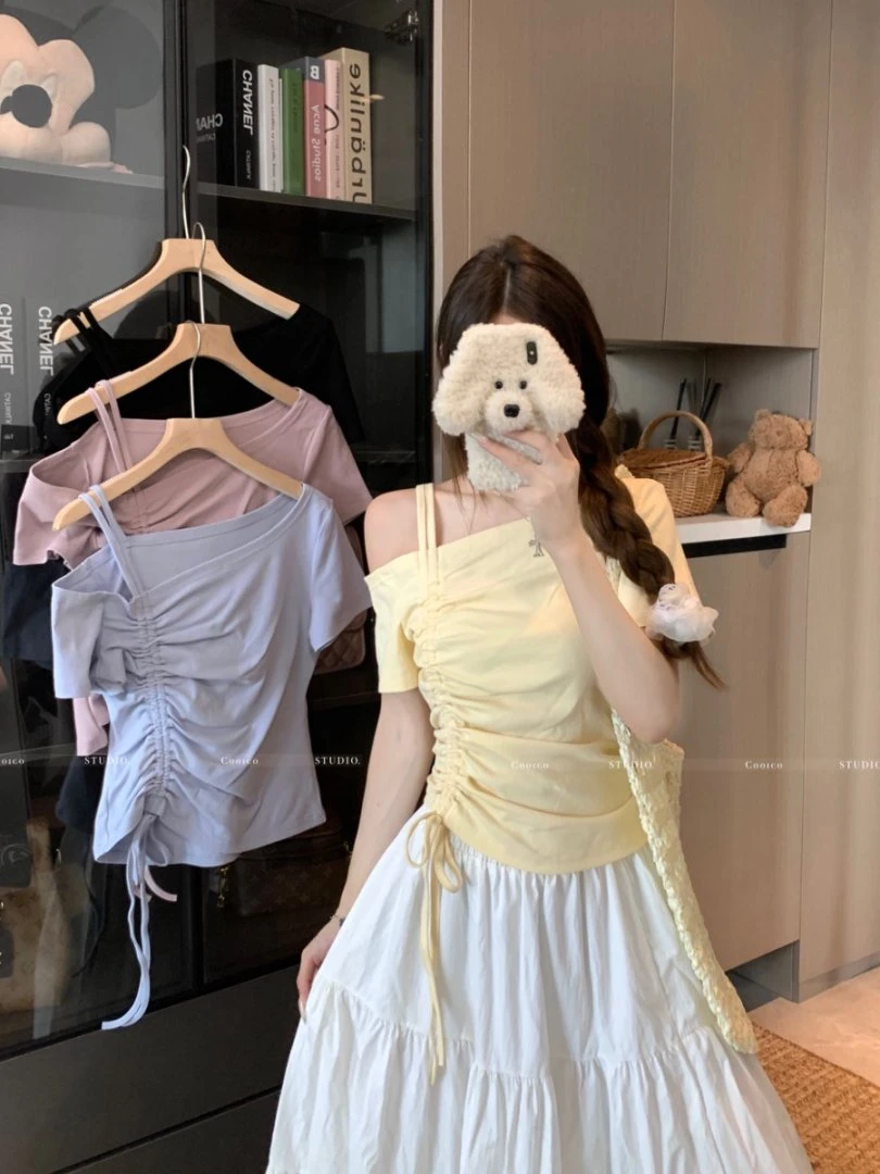 【6648】一字肩抽绳绑带T恤大码设计感不规则甜辣风别致短袖上衣