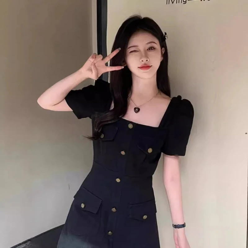 高级感黑色方领连衣裙女大码胖MM气质收腰小众韩系牛仔A字裙夏季