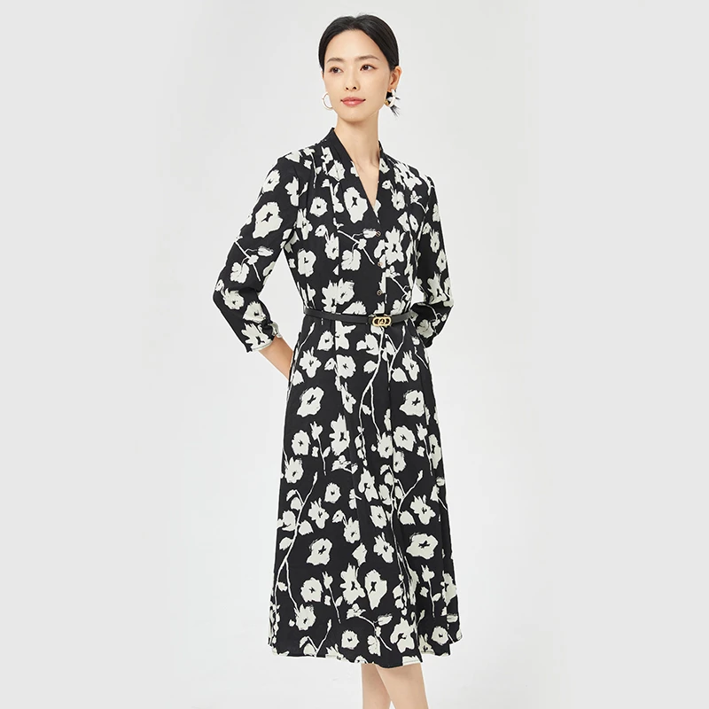 娜尔思.灵气质V领黑色碎花九分袖裙25春季新款通勤A字裙LF05909W0