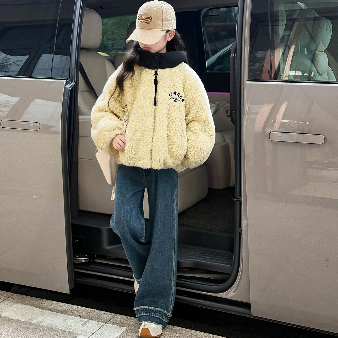 25WT193女童洋气毛毛外套2025新款冬季女孩加厚上衣大童冬装保暖