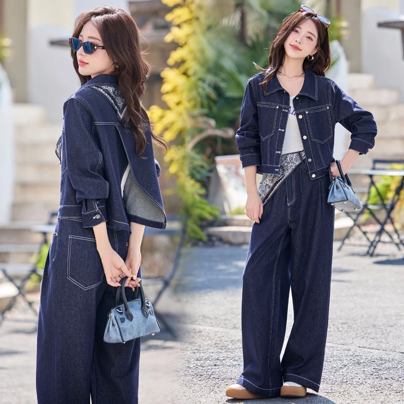 2025春装新款时尚牛仔套装女洋气减龄设计感上衣后背开叉阔腿裤子