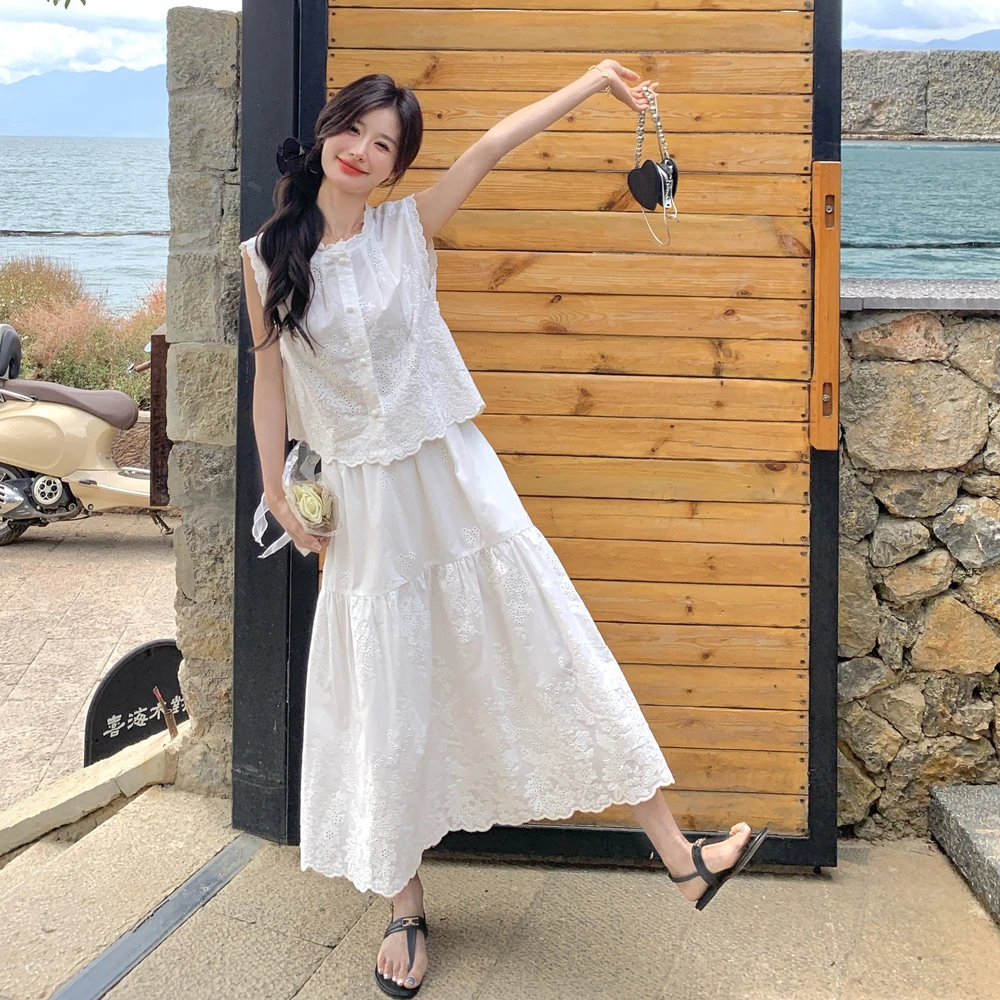 2025夏季新款无袖蕾丝衬衫半身裙两件套女高级感时韩范气质春夏装