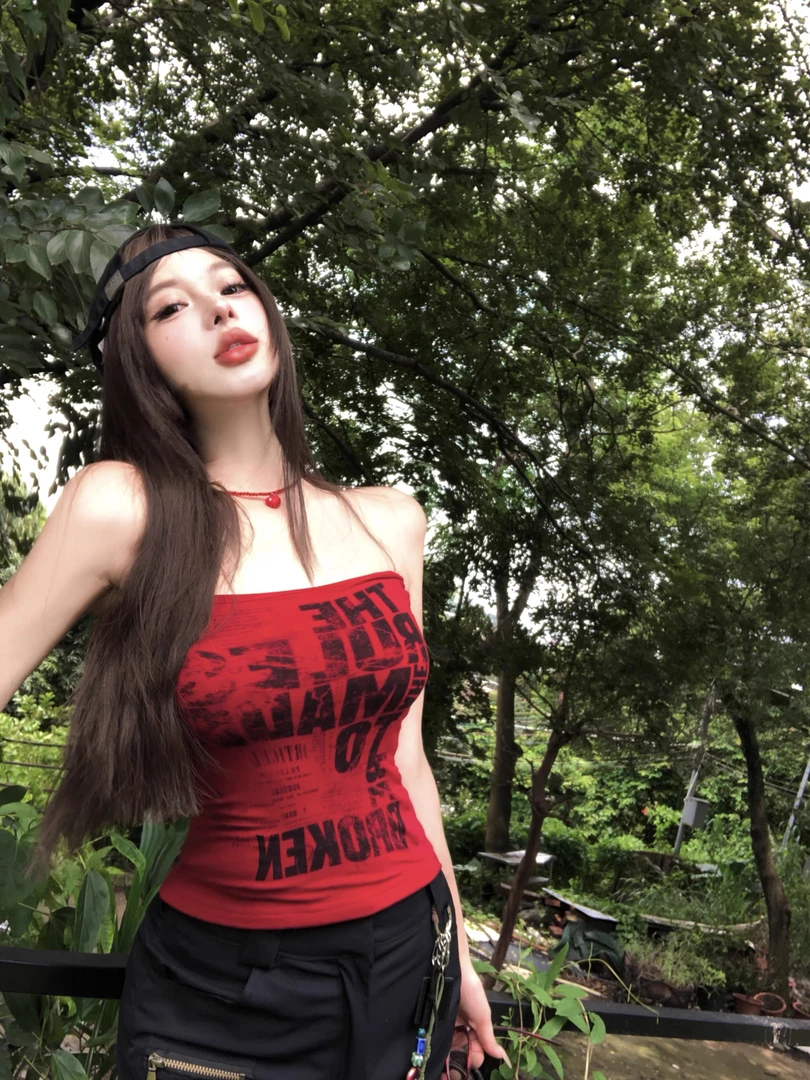 美式复古辣妹风红色字母印花抹胸背心女夏季内搭外穿无袖涂鸦