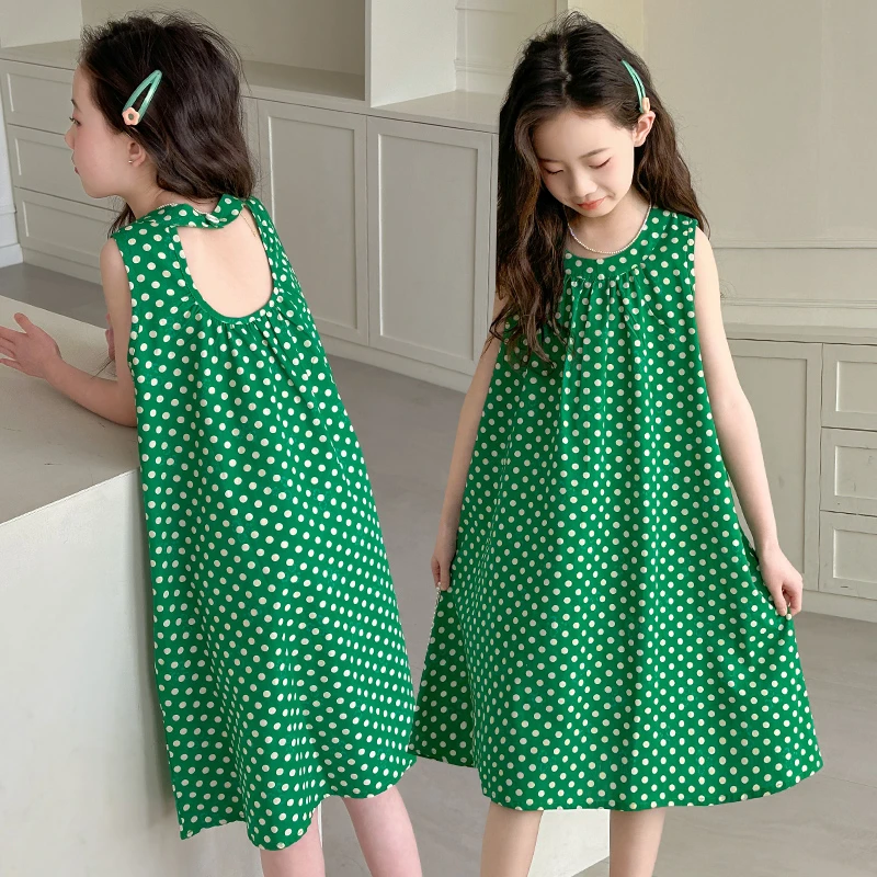 女童薄款连衣裙儿童夏季新款裙子洋气绿色圆点连衣裙（价格已开）