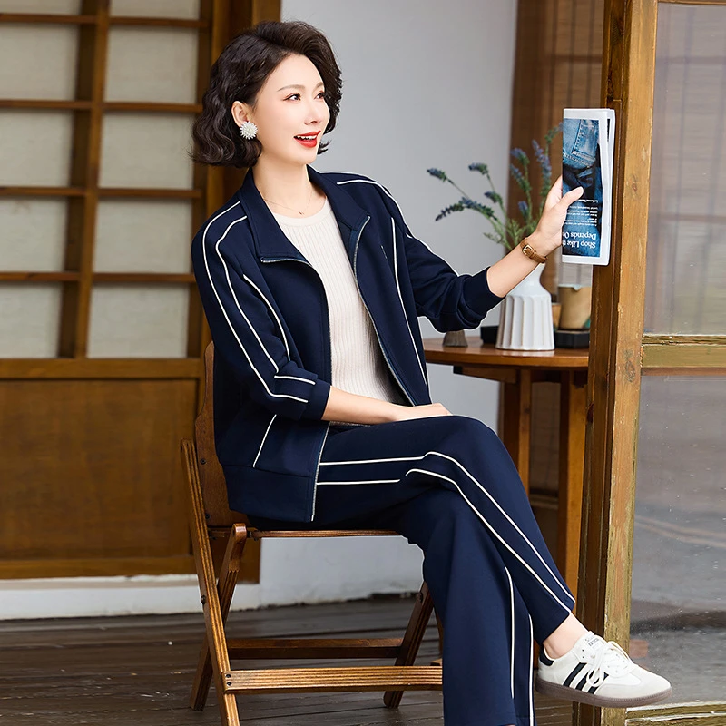 妈妈春装时尚套装2005新款中老年女休闲开衫拉链外套运动服两件套