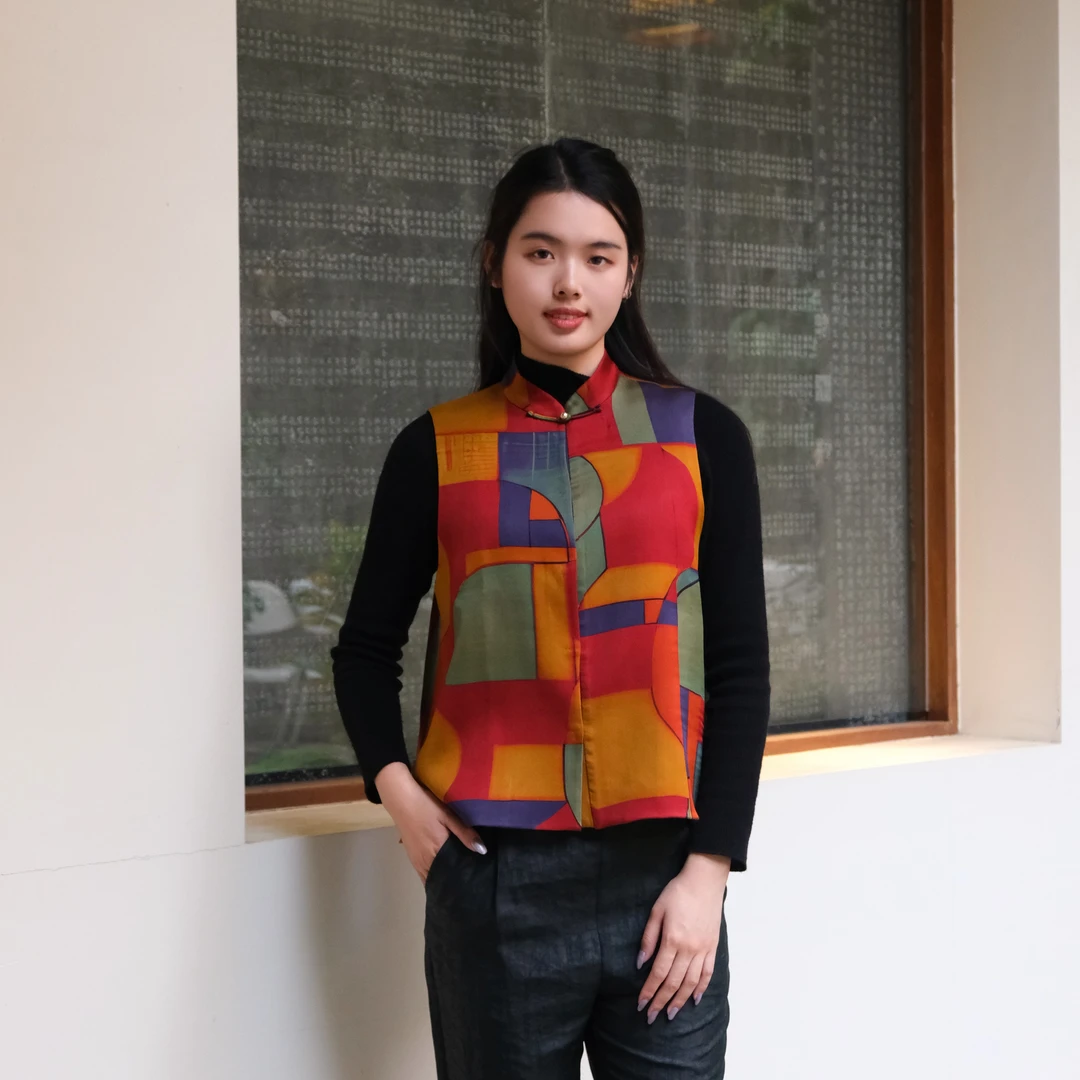 【香云故里】红黄几何小重缎香云纱立领盘扣马甲马夹XB24-I08008