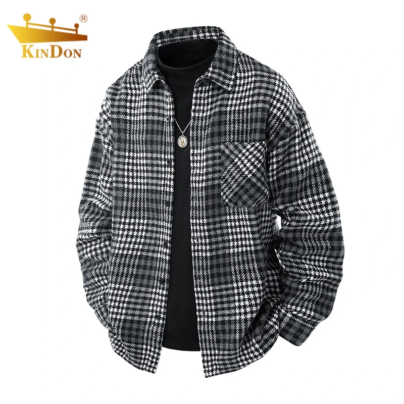 金盾复古翻领格子衬衫外套男士秋季宽松舒适简约休闲男长袖衬衣