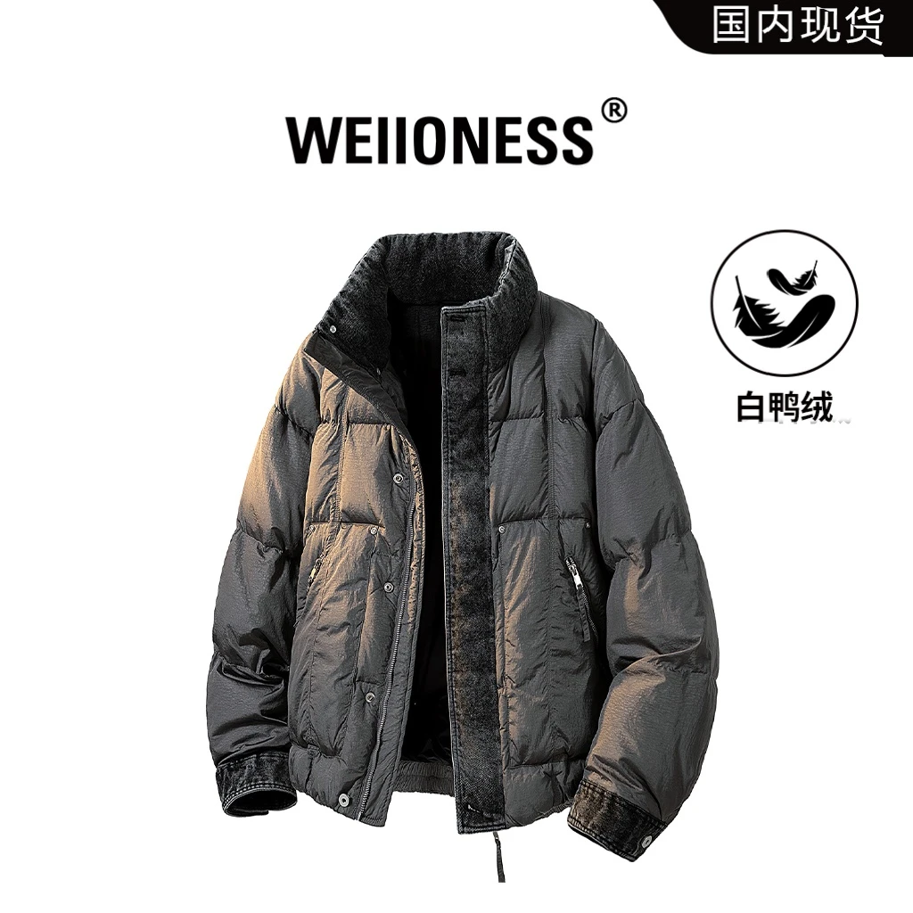 WEIIONESS美式高街羽绒服男士冬季牛仔拼接工装外套轻奢痞帅男装