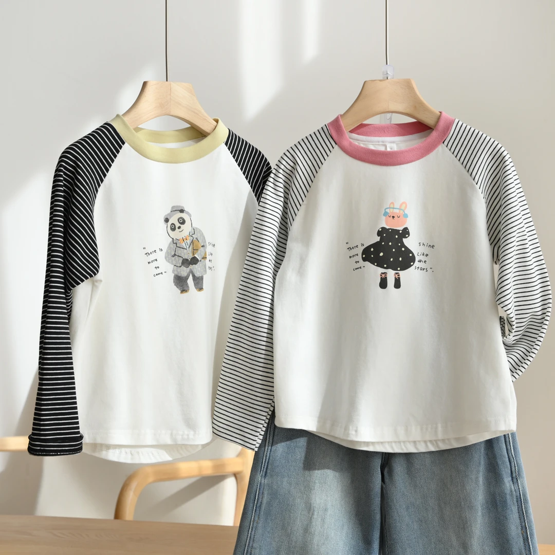 儿童条纹T恤 男童女童圆领长袖拼接打底衫 中大童 春秋款 88517