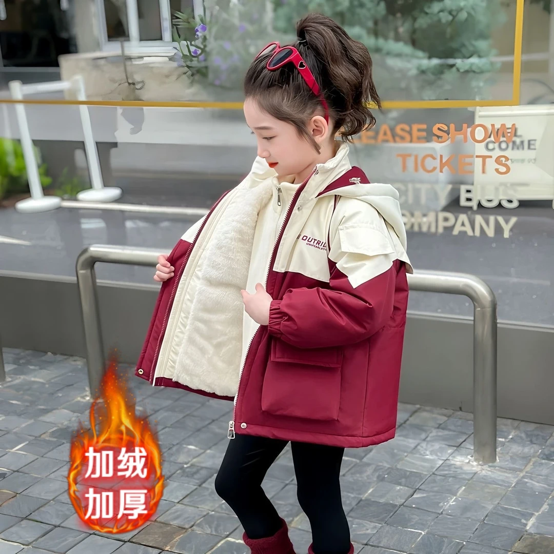 【加绒加厚棉衣】女童冬季棉衣时尚连帽冲锋衣中大童女孩上衣潮