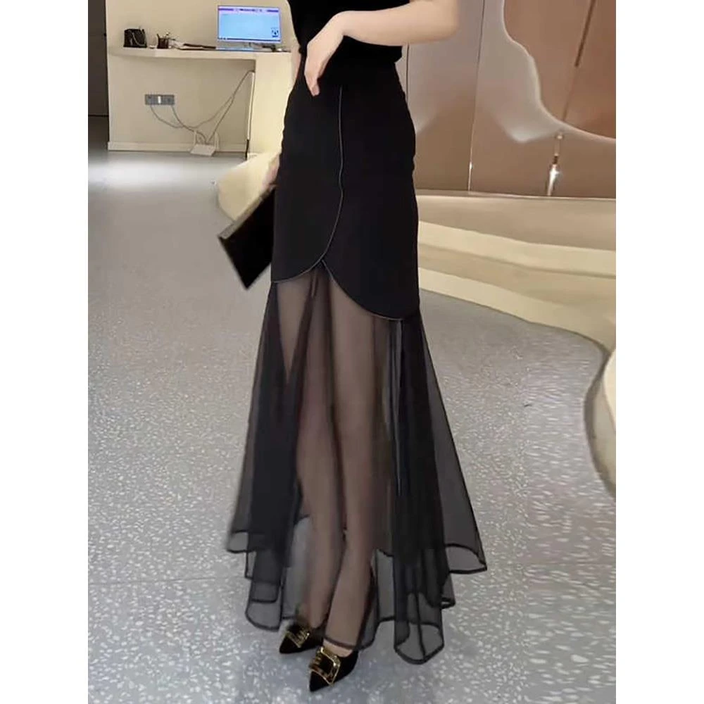 轻奢气质女人味半身裙女高腰包臀性感网纱拼接长裙子夏季字