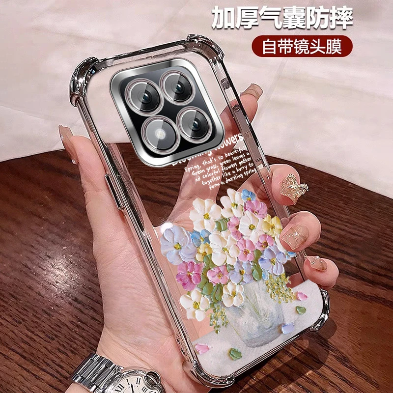 适用红米note14pro+手机壳高颜值彩色花朵透明防摔硅胶全包镜头膜
